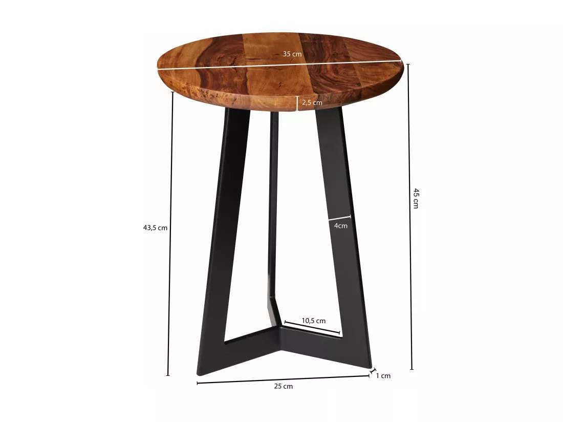 Table d'appoint 35 x 45 x 35 cm en bois de Sheesham Pieds métalliques