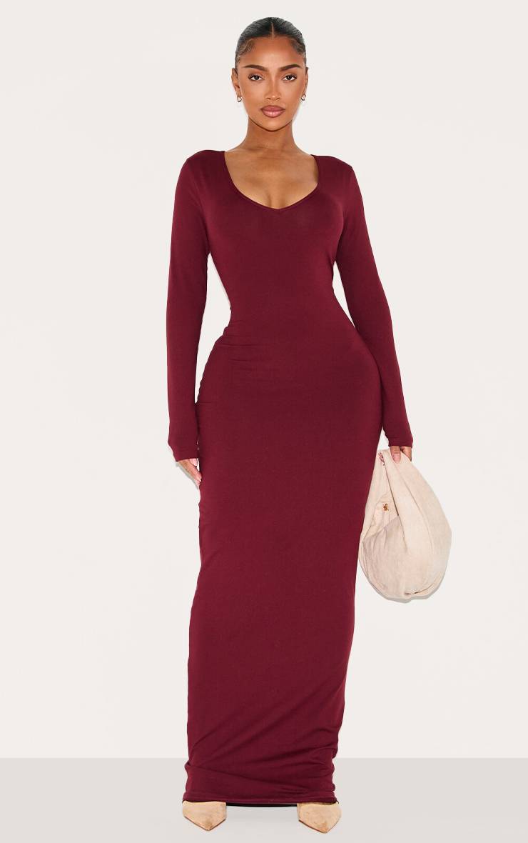 Rouge Bordeaux Robe Maxi Sculptante À Encolure En V Et Manches Longues