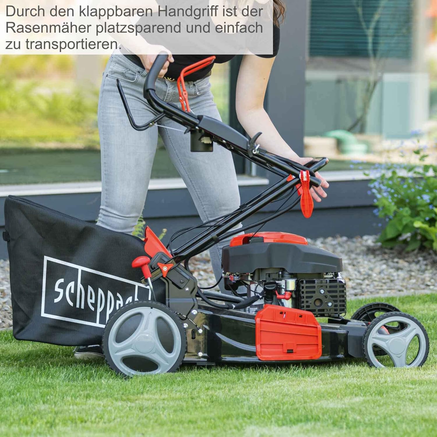 Scheppach Benzin Rasenmäher MS225-53E mit E-Start & Radantrieb | 6PS | 53 cm Schnittbreite | 7-fache Schnitthöhenverstellung | 65 Liter Fangkorb | Mulchfunktion | Reinigungsfunktion | inkl. Motoröl