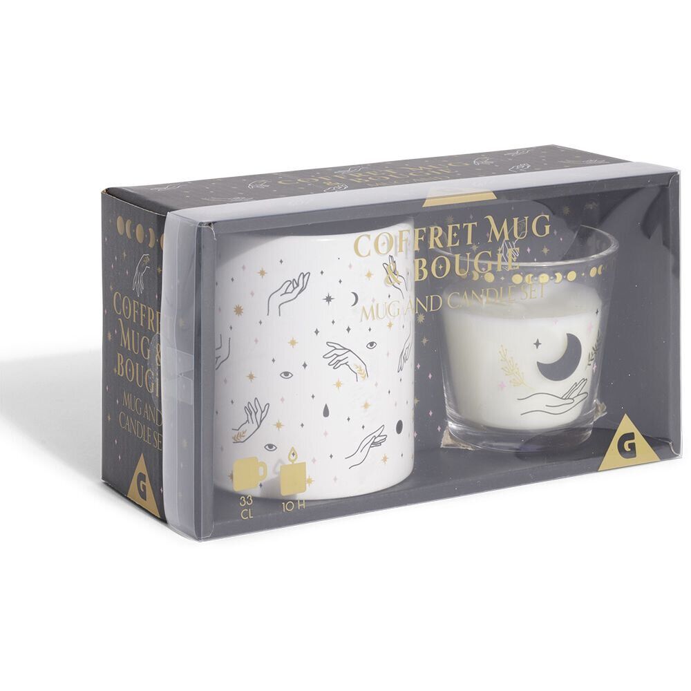 Coffret mug 33cl et bougie motif main blanc et noir