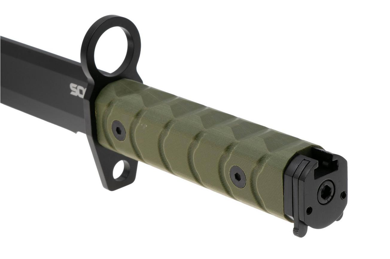 SOG BAR15T BY1002-BX, Black PVD AUS-8 Tanto, OD-Green G10 vaststaand mes