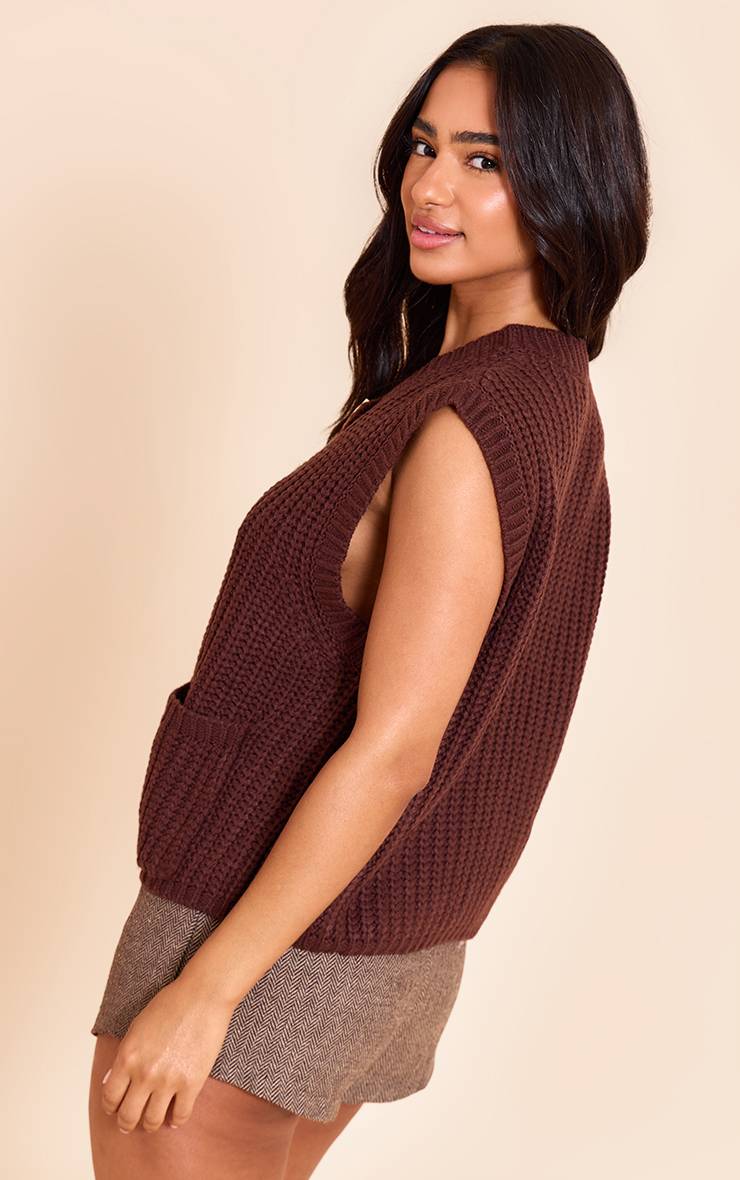 Marron Gilet Tricoté Petite Taille Détail Boutons Chocolat