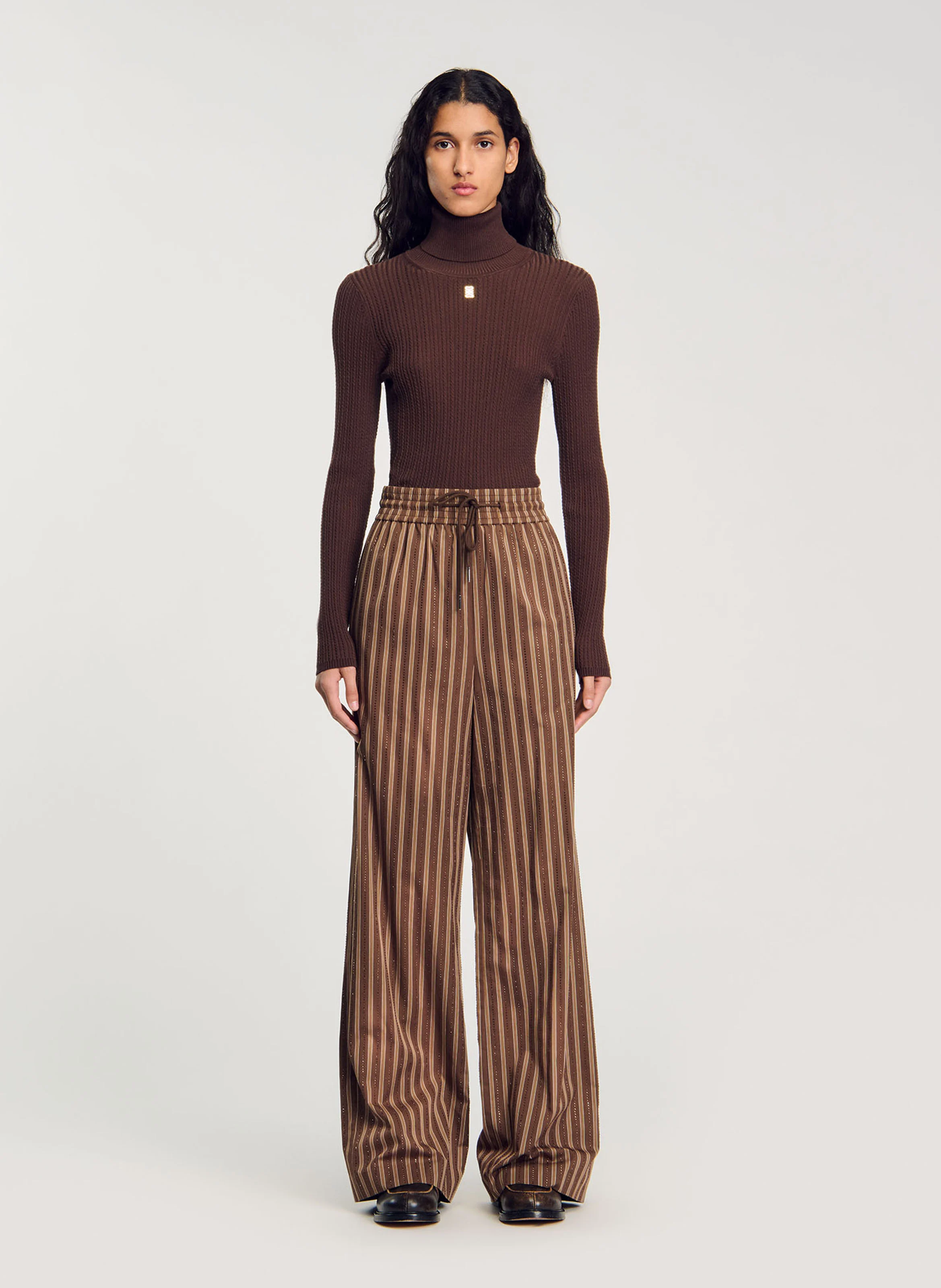 Pantalon large droit en coton rayé | Marron