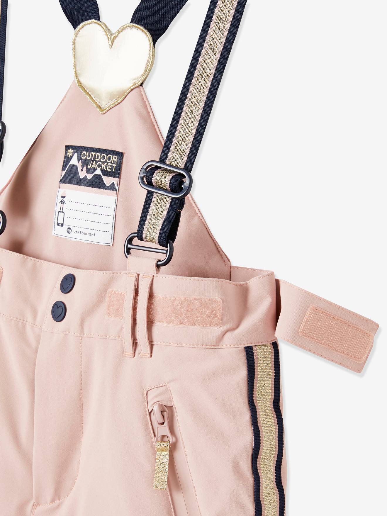 Calças de esqui com detalhes técnicos e iridescentes, e forro liso rosa médio reciclado com estampas.