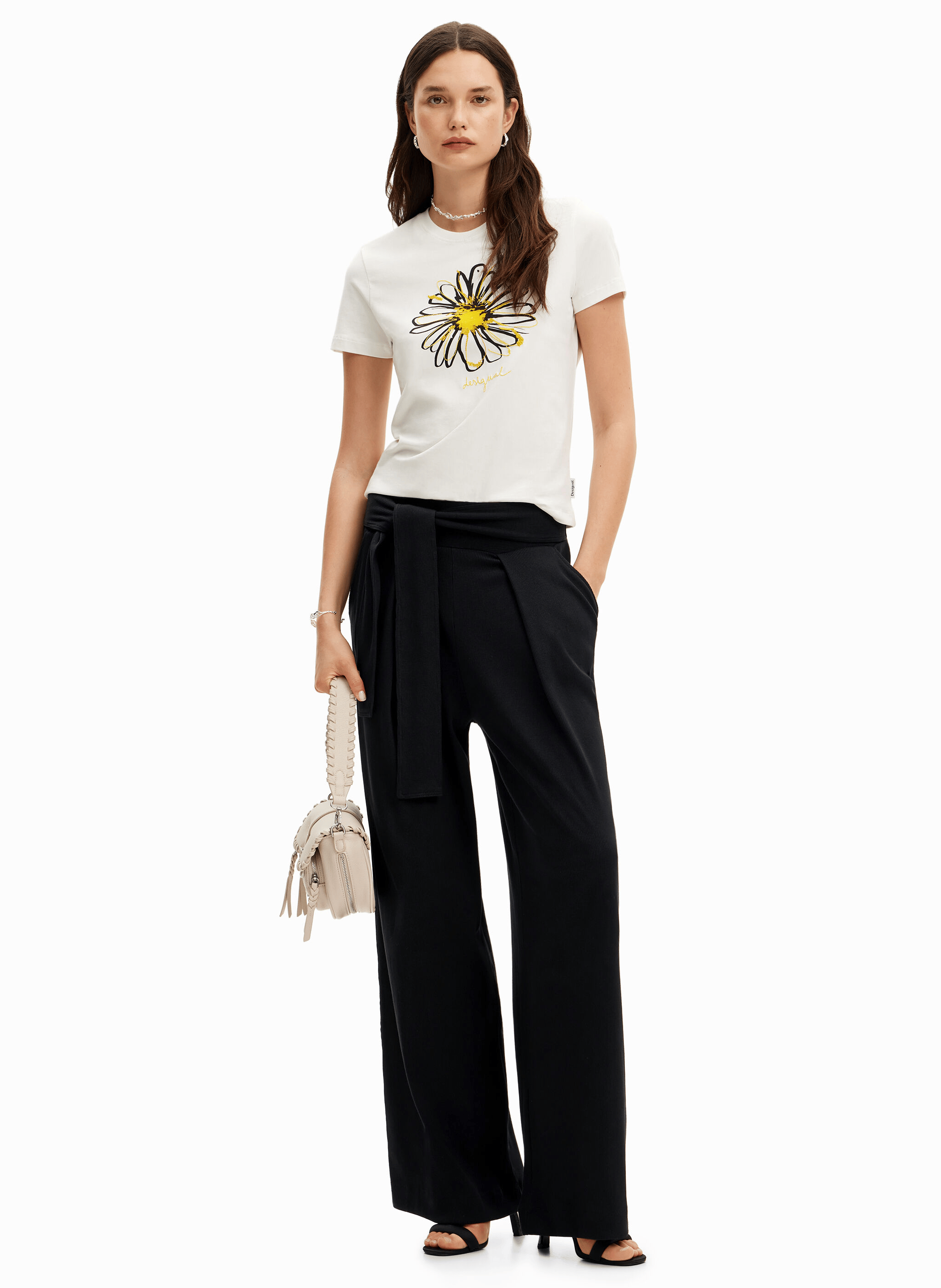 Tee-shirt droit col rond en coton imprimé | Blanc