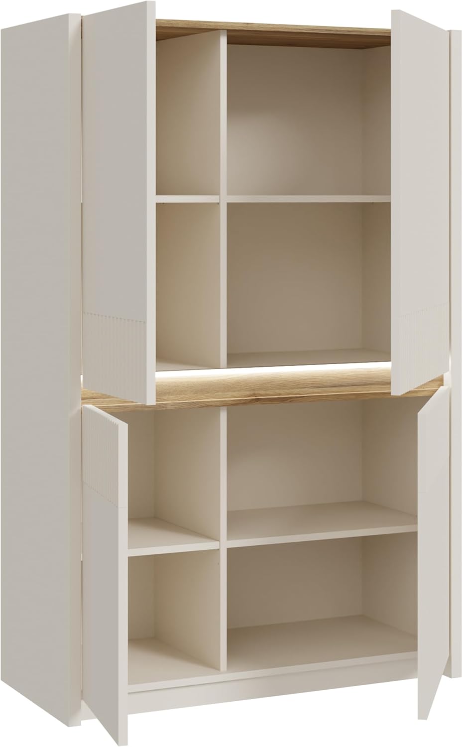 Forte Oak SQUERE Schrank 90 100, eleganter Kleiderschrank mit 2 Türen, Beleuchtung und Lamellendesign, Holzwerkstoff, Mauvella Eiche/Sand, 95,3 cm breit x 146,7 cm hoch x 41,5 cm tief