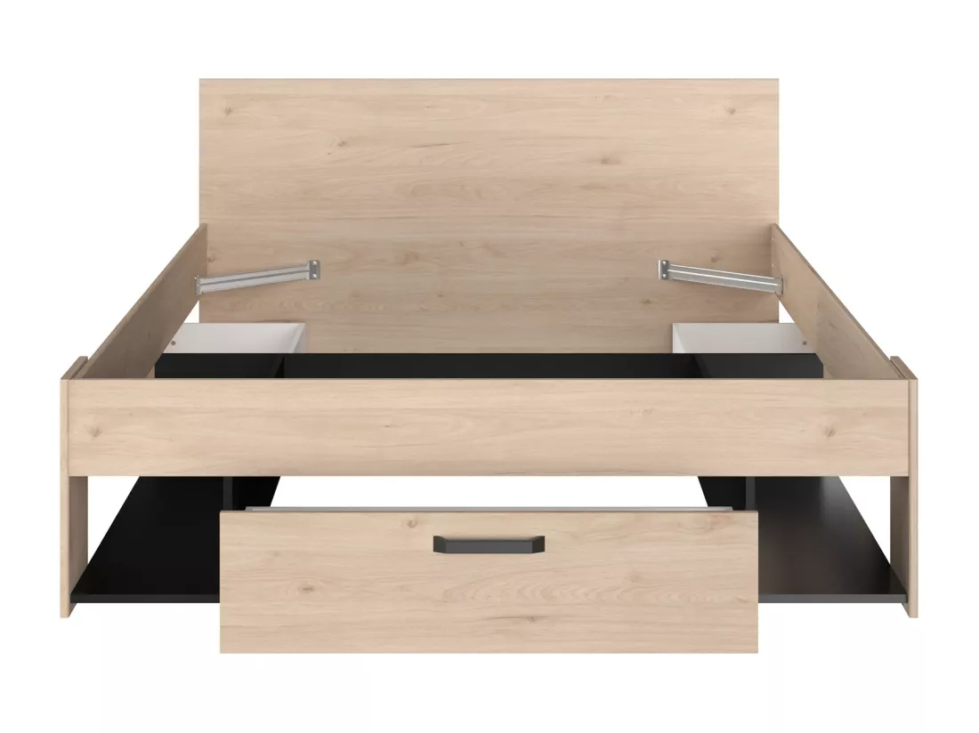 Lit 140 x 190/200 cm avec rangements - Coloris : Naturel et noir + Sommier - KINSELIA