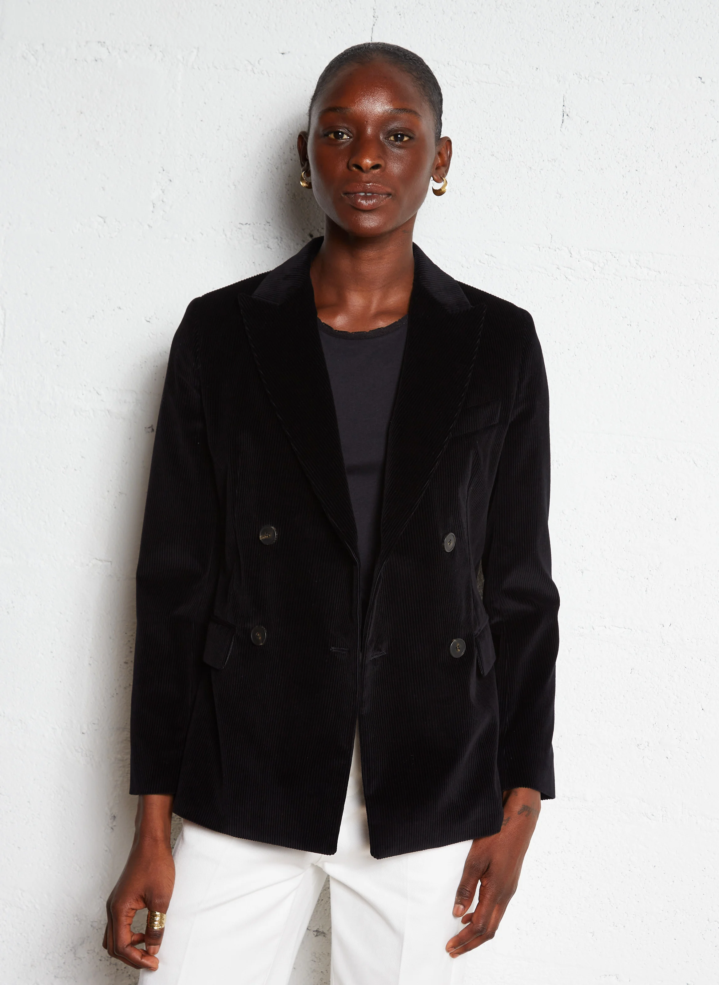 KATANGA - Veste ajustée col tailleur en velours de coton côtelé | Noir