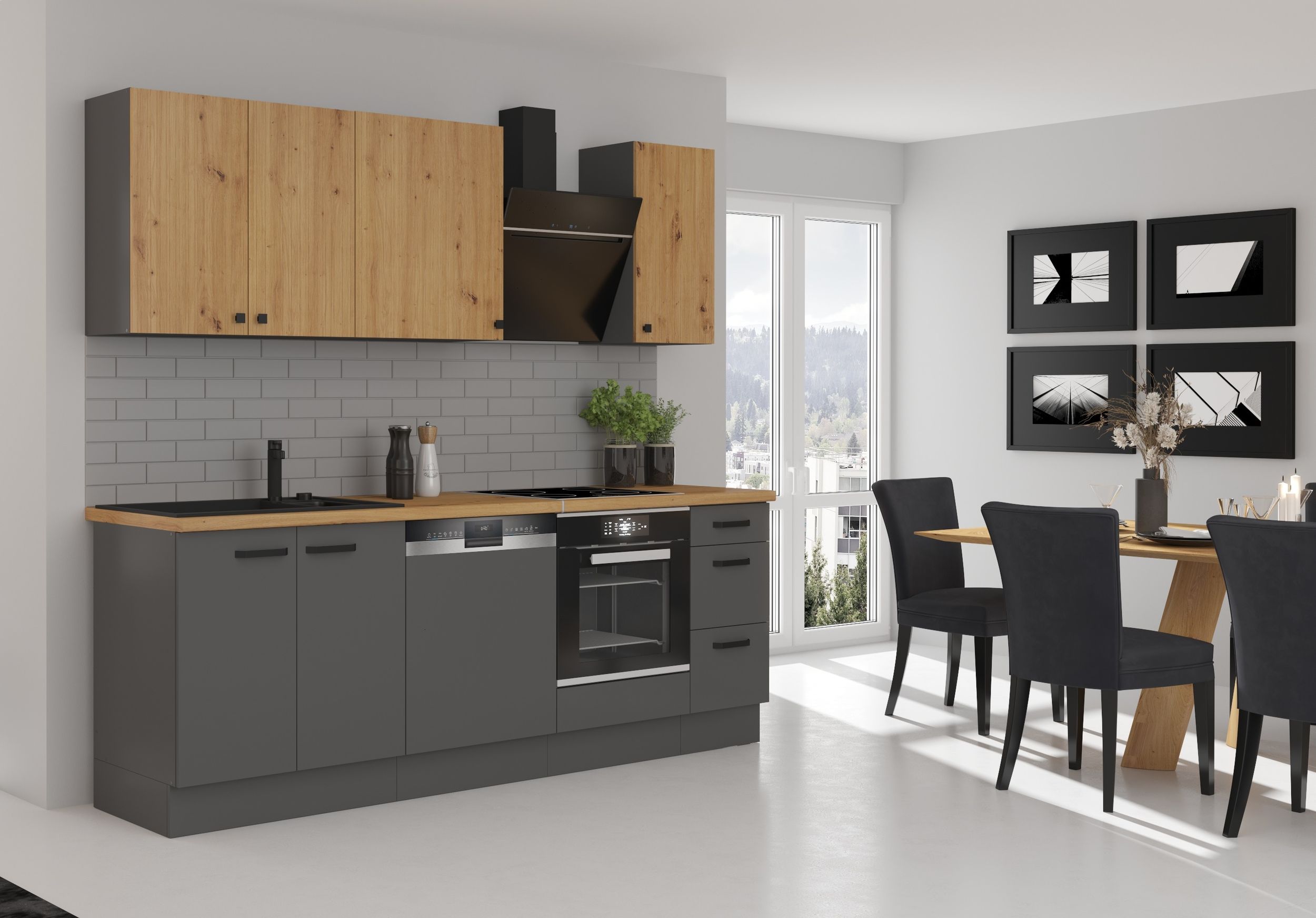 Küche NESSA & AVA Basic 240 cm Anthrazit Eiche Artisan Küchenzeile Küchenblock