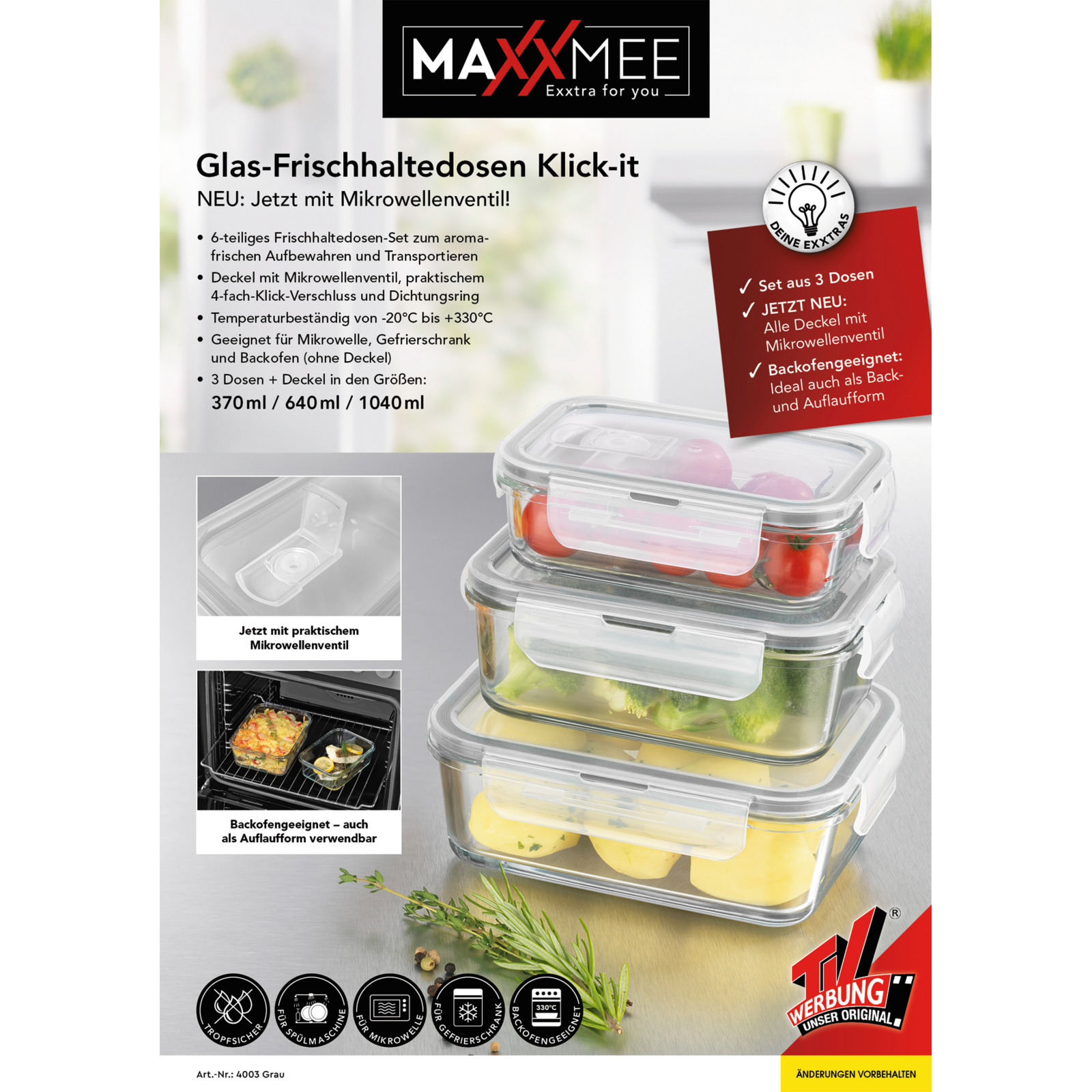 MAXXMEE Glas-Frischhaltedosen 6tlg grau
