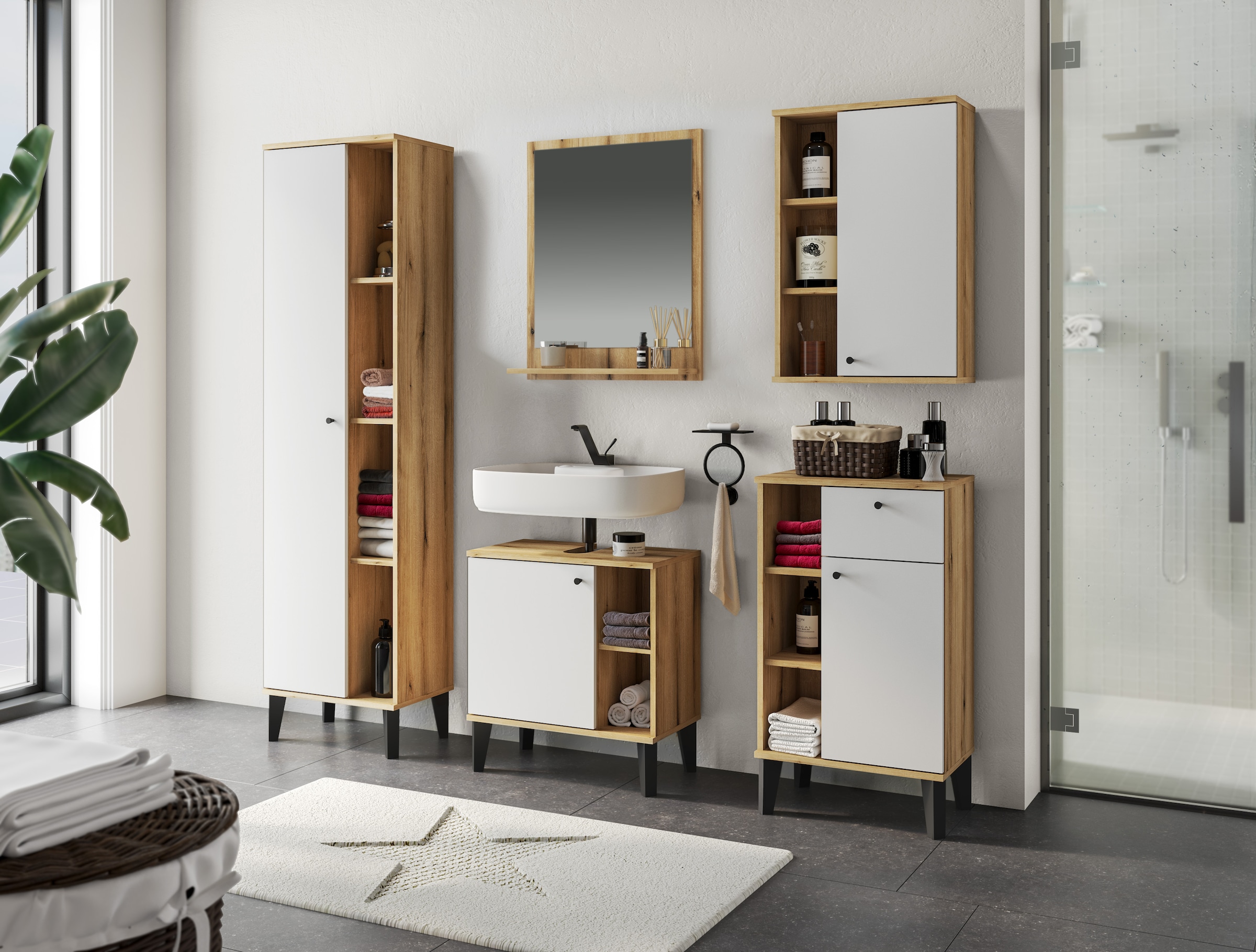 INOSIGN Badmöbel-Set »OSLO, Bad im skandinavischen Design, 5-teiliges Badezimmer« Set, 5 Stk. tlg.