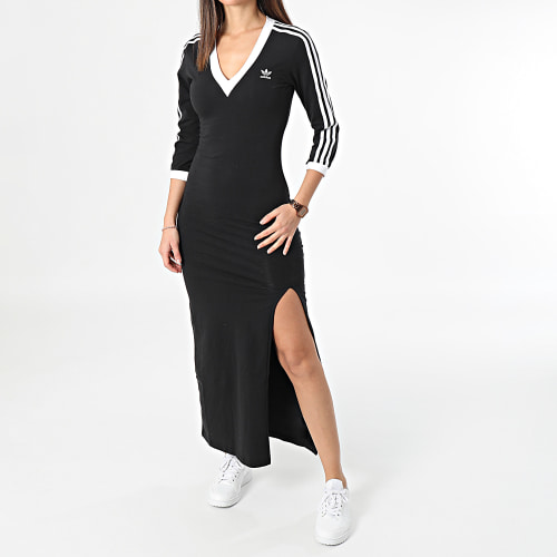 Robe Col V A Bandes Femme IK0439 Noir