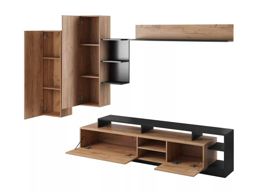 Mur TV avec rangements - Coloris : Naturel et anthracite - IDESIA