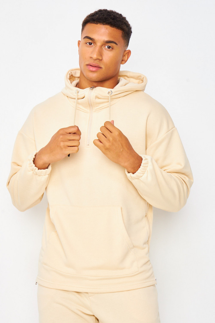 Sweat à capuche demi-zip beige