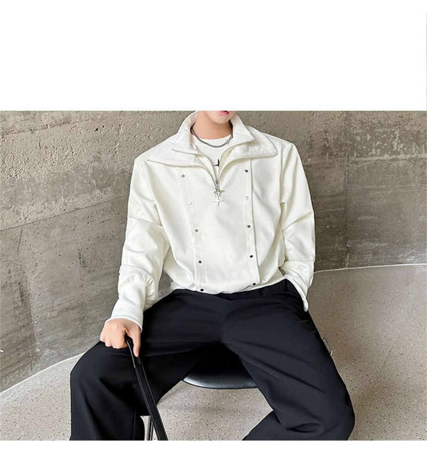 Omozando - Sweatshirt met kraag, effen studs en halve rits