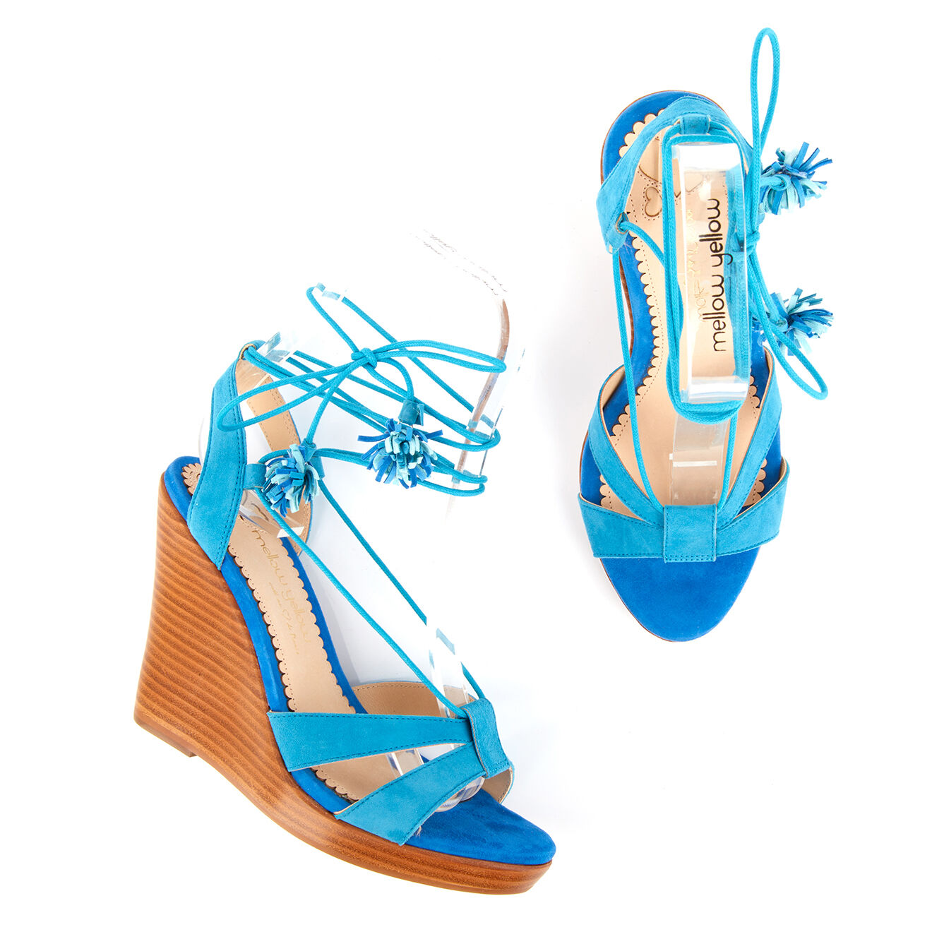 Mellow Yellow Sandales en Velours de Cuir compensées Lacts Cheville turquoise - Talon 11 cm