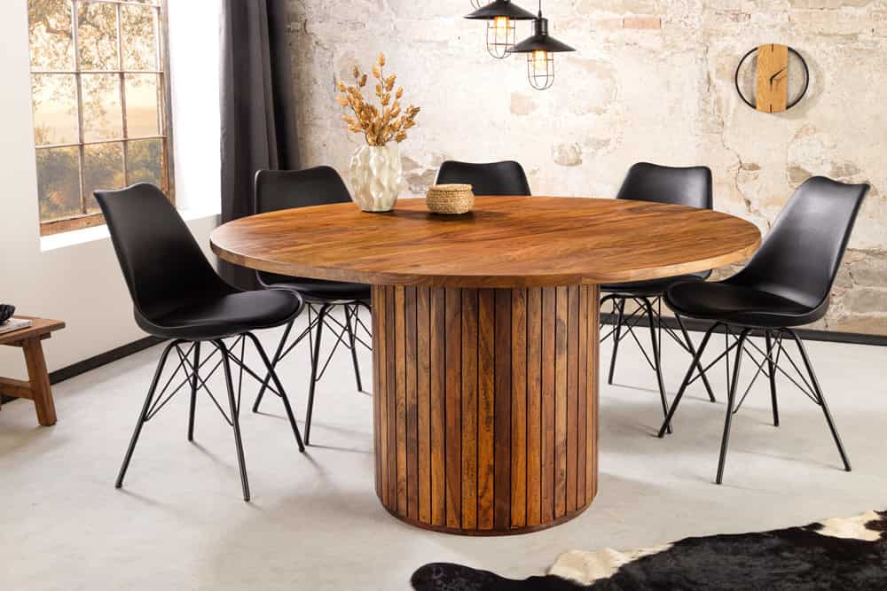 Runder Esstisch TRES CHIC 140cm braun Sheeshamholz stone finish massiv mit Säulenfuß