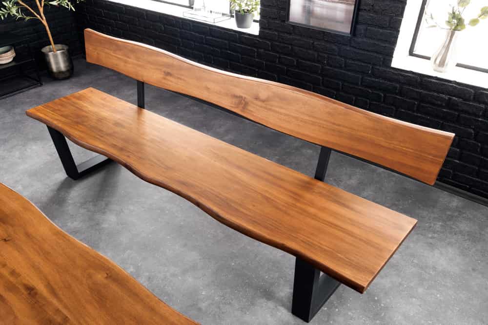 Massive Sitzbank GENESIS 200cm braun Akazienholz mit Rückenlehne Baumkante