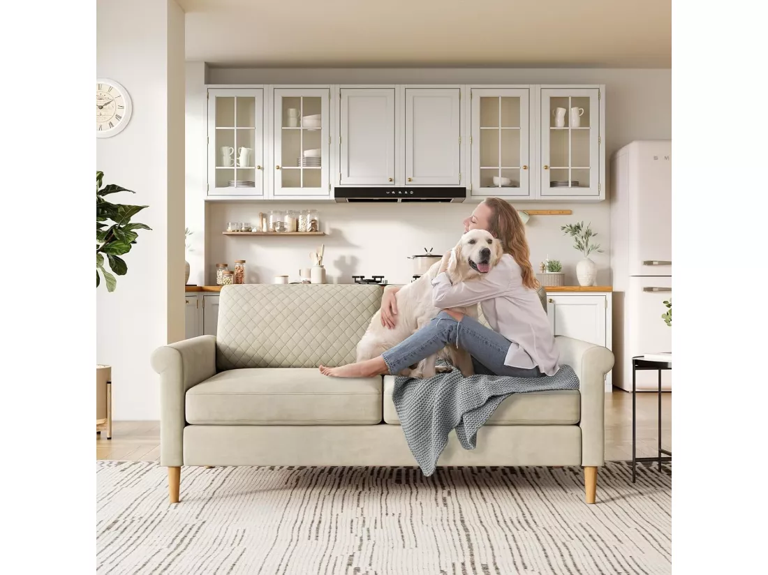Canapé 2 places confort assise profonde en velours, pieds en bois, 164x76x85cm, Beige
