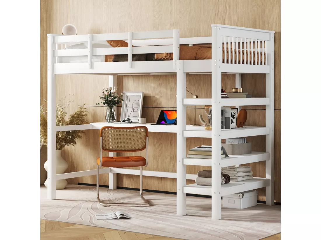 Lit mezzanine 90 x 200 cm avec bureau et étagères de rangement - Bois de pin + MDF - Blanc