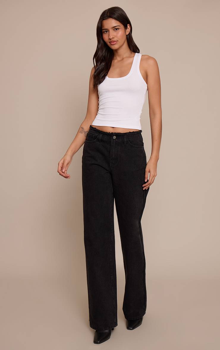 Noir Jean Taille Haute Droit Taille Bord Effiloché Coupe Basse