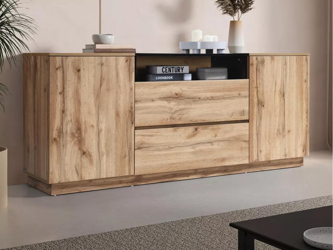 Buffet avec 2 portes, 2 tiroirs et 1 niche - Naturel et Noir - CEMILINA