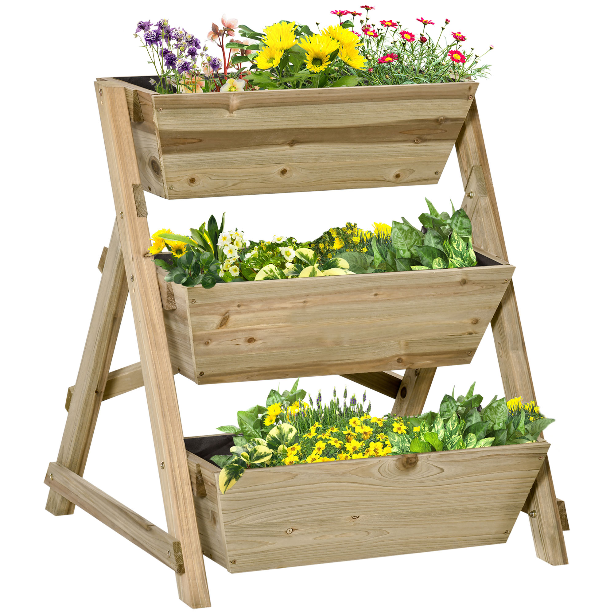 Jardineira vertical de madeira Outsunny com 3 níveis, revestida com tecido não tecido e com furos de drenagem. Ideal para plantas e vasos de flores em jardins urbanos. Dimensões: 71 x 61 x 77 cm. Cor: Natural.