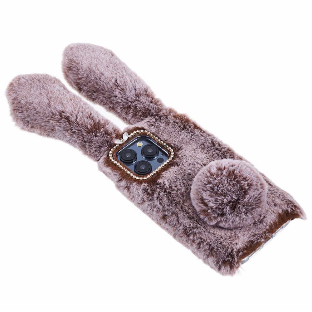 iPhone 15 Pro 3D Gummi Plüsch Case Hülle Bunny mit Flauschigen Hasenohren - Braun