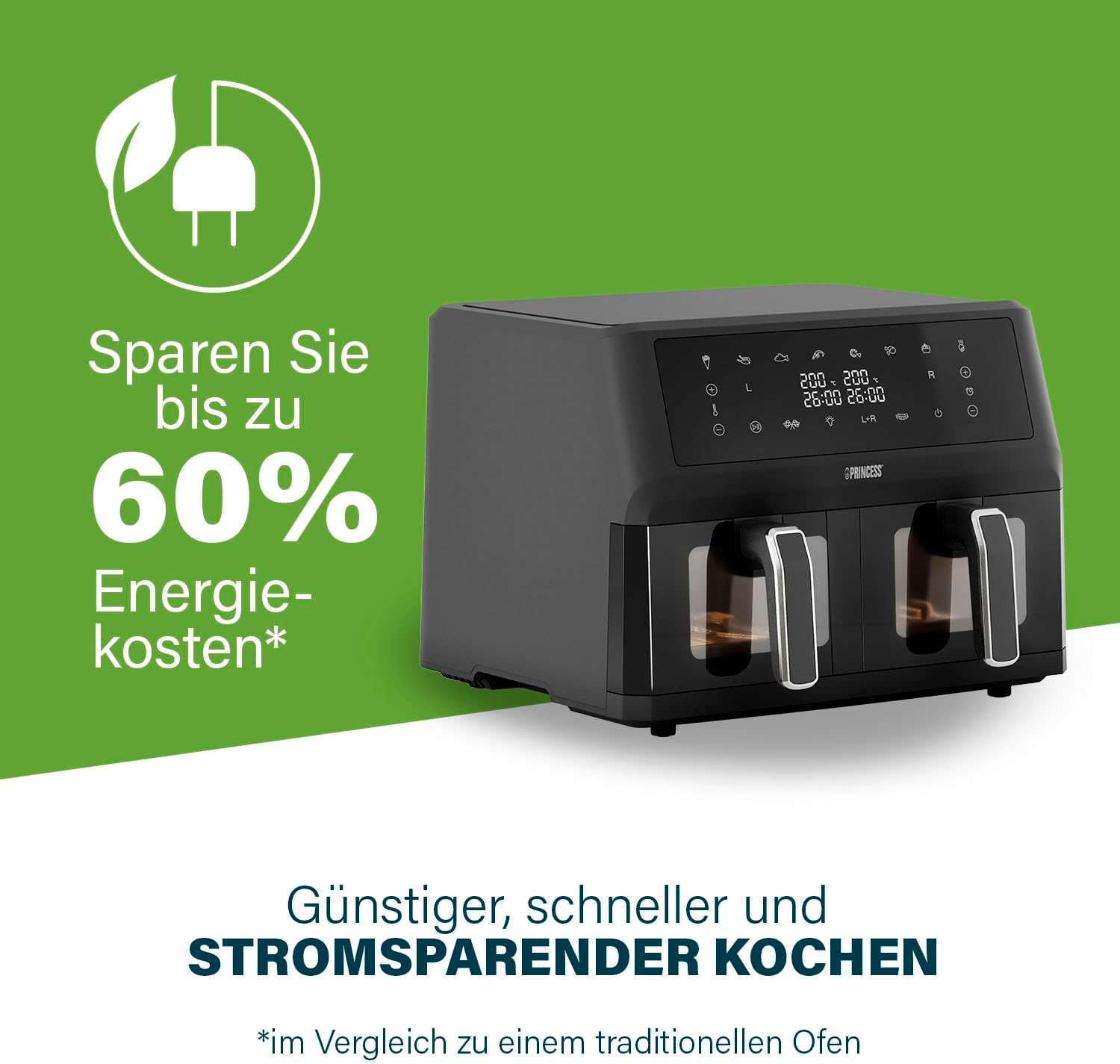 Princess XXL Heißluftfritteuse mit Doppelkorb - 2 Fächer - 11 L - BPA- und PFAS-frei - Sync-Funktion - 8 Programme - Sichtfenster - 2400 W - 182276