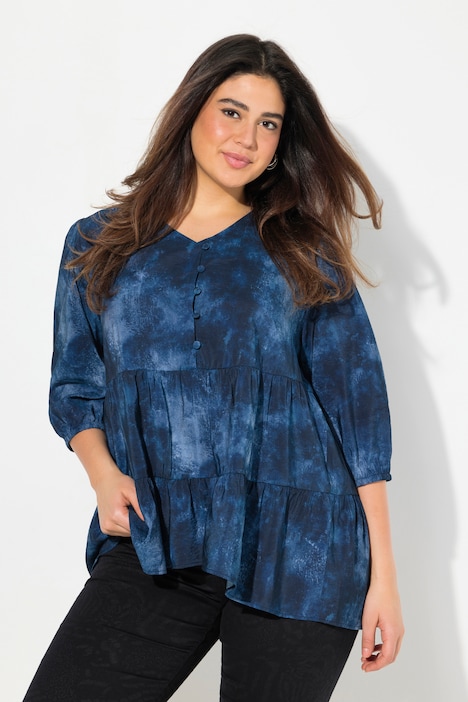 Bluse, Batikdruck, A-Linie, V-Ausschnitt, Langarm