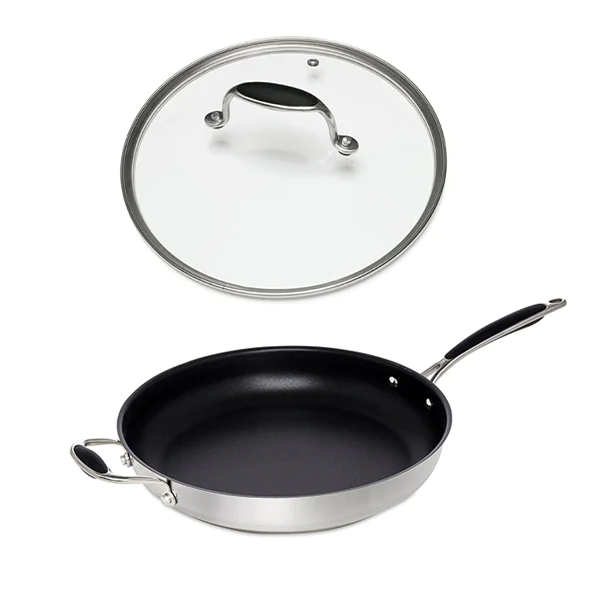 Lot poêle inox antiadhérent et couvercle verre 32 cm Excell'Inox Matho