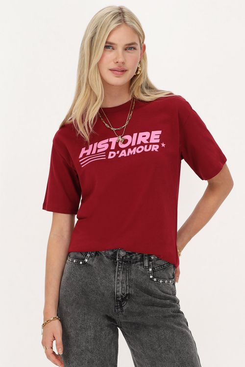 Burgundy T-shirt met roze 