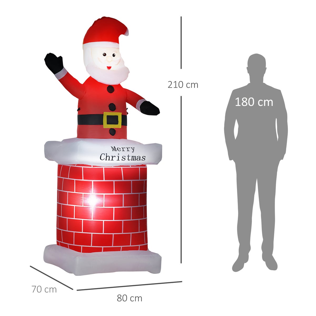 HOMCOM Opblaasbare kerstversiering met schoorsteen en ledverlichting, 80L x 70B x 210H cm, polyester, veelkleurig