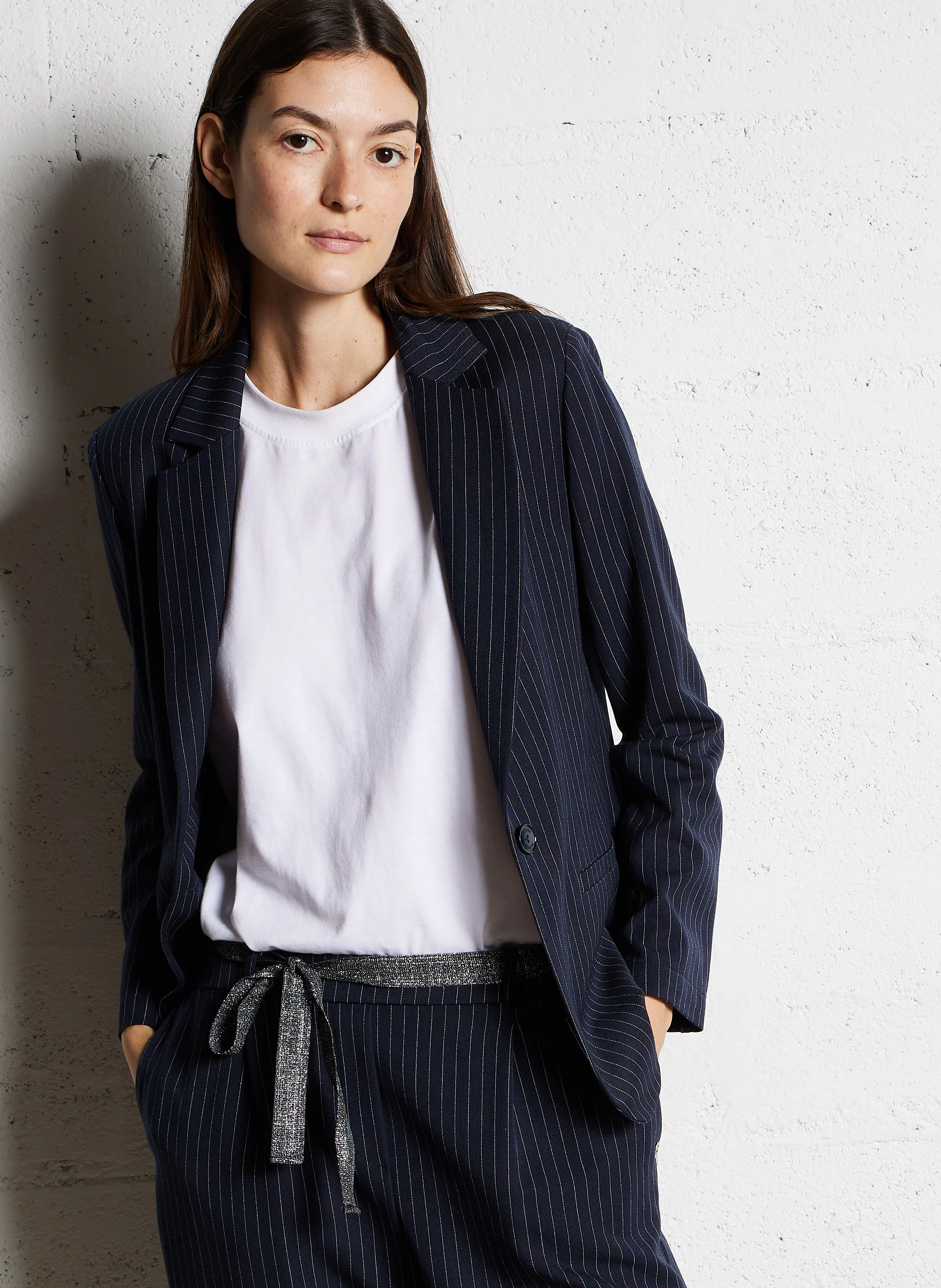 Blazer col tailleur droit à rayures | Bleu