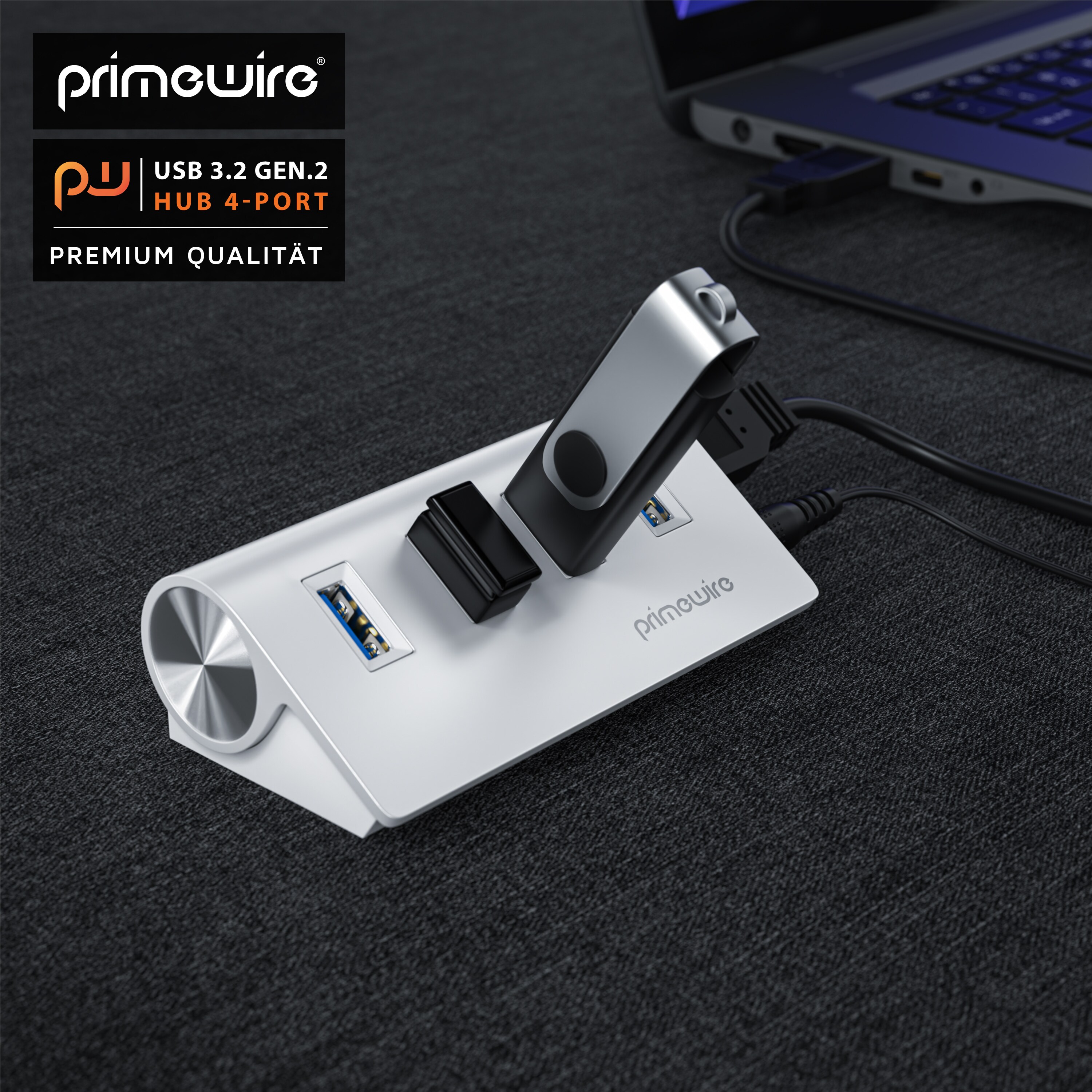 Primewire - USB 3.2 Gen2 Hub aktiv inkl. Netzteil - 4 Port Hub/Verteiler - für Notebook, Laptop, PC, kompatibel mit iMac, MacBook (Air, Pro, Mini)