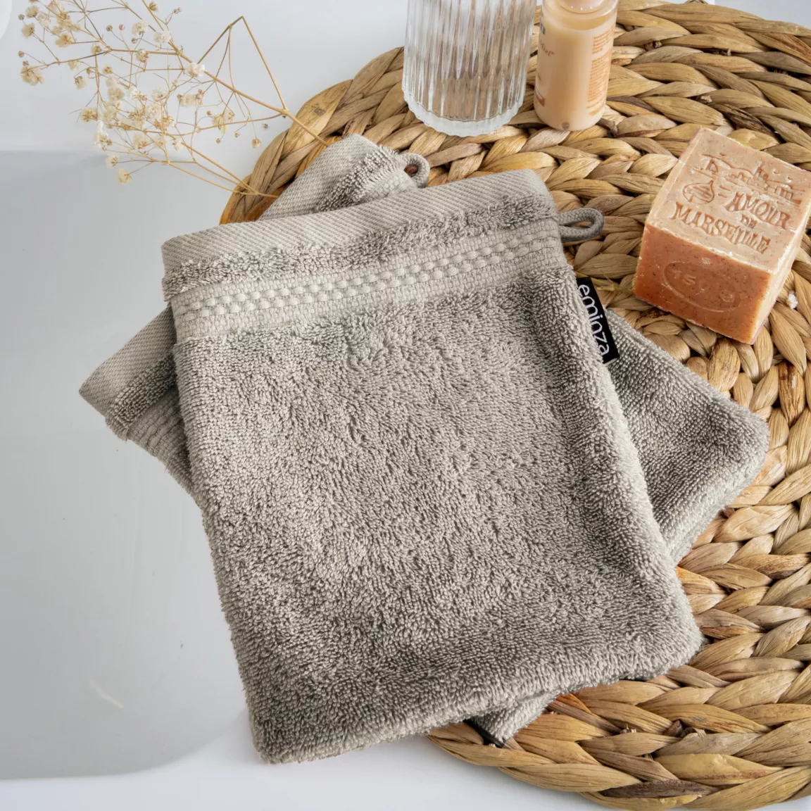 Lot de 2 gants de toilette coton bio (15 x 21 cm) Méline Gris argile