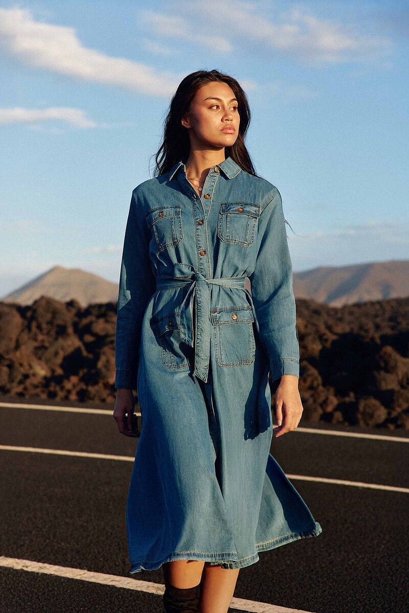 LA PETITE ETOILE<br>Vestido midi com bainha em denim cor pedra, RENLY