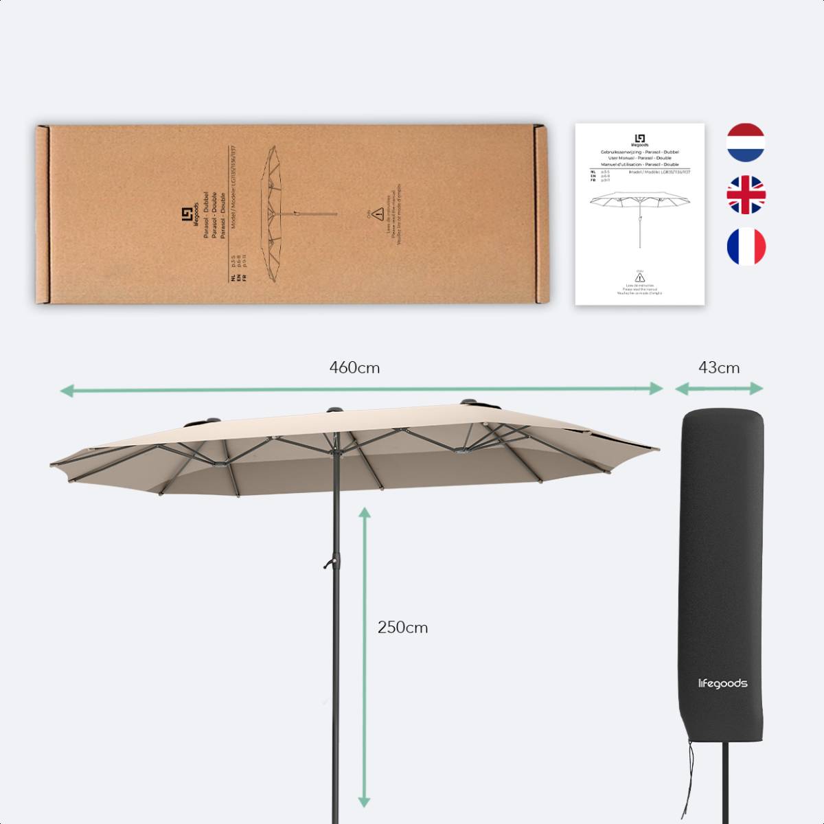 LifeGoods dubbele parasol - Taupe