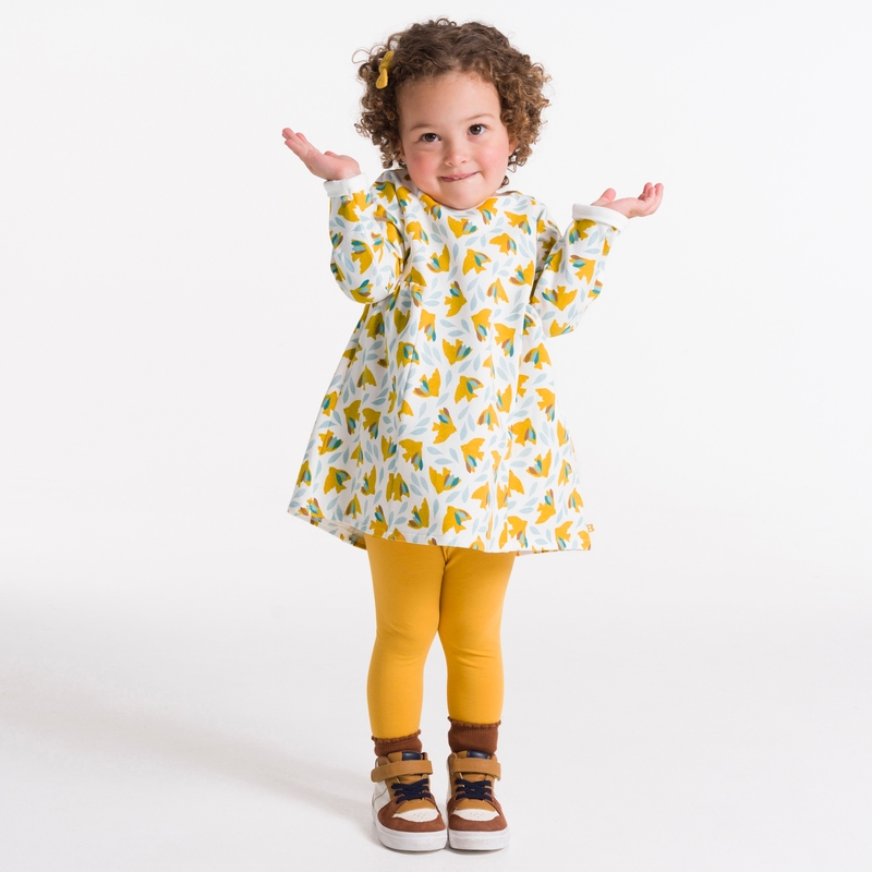 Robe oiseaux molleton léger et legging jaune bébé fille