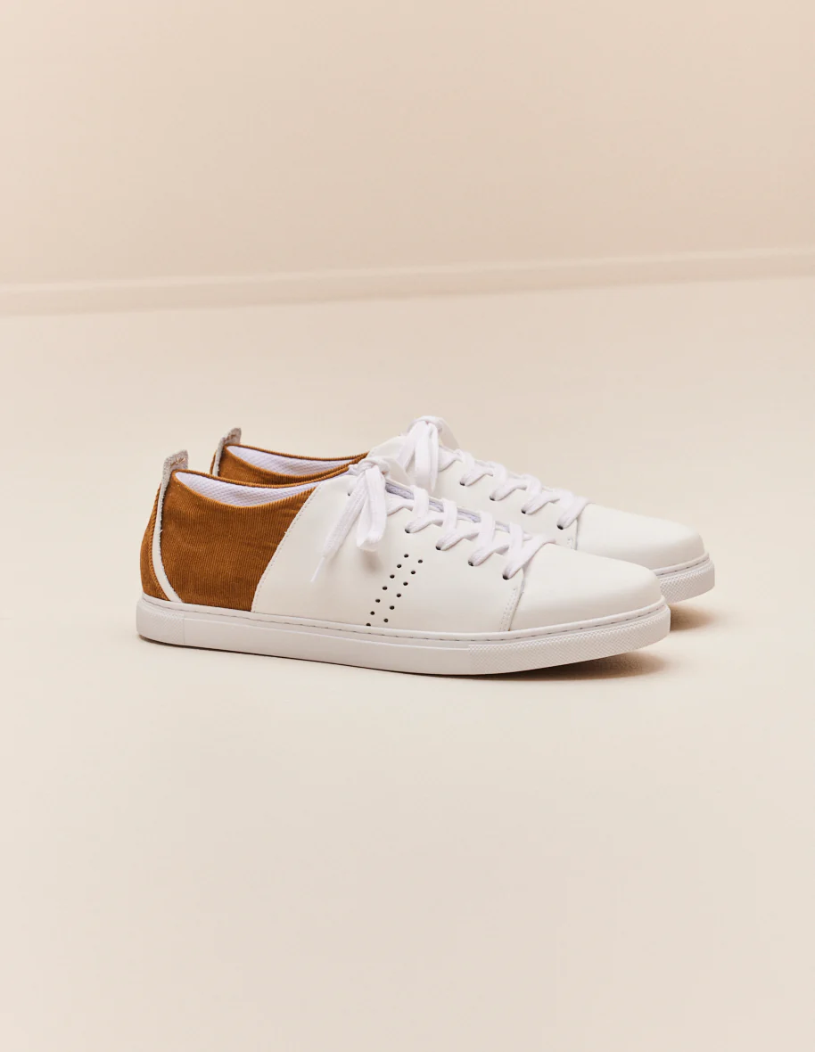 Baskets basses René - Cuir blanc et velours côtelé beige