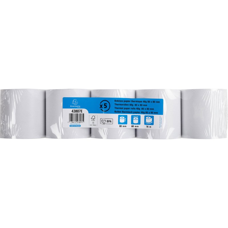 Bobines Caisses Exacompta 43807E - l 80 mm x L 76 m, Ø 72 mm - 1 pli(s) - paquet de 5