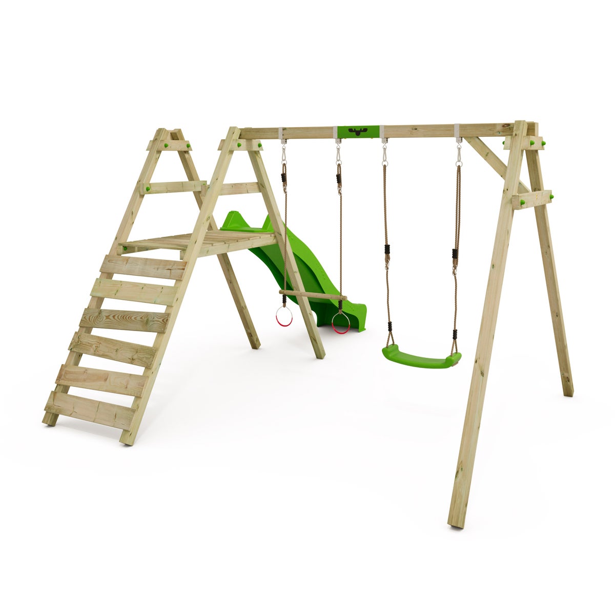 FATMOOSE Kinderschommelset JollyJack Swing, Schommelframe, Dubbele Schommel, Houten Schommel met Klimopbevestiging - Appelgroen