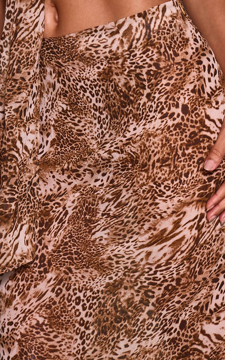 Marron Ensemble Coordonné Jupe Longue En Mousseline Imprimé Léopard