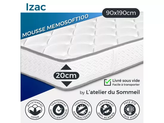IZAC - Matelas 90x190 cm Mousse haute résilience Soutien ferme Ep.20cm