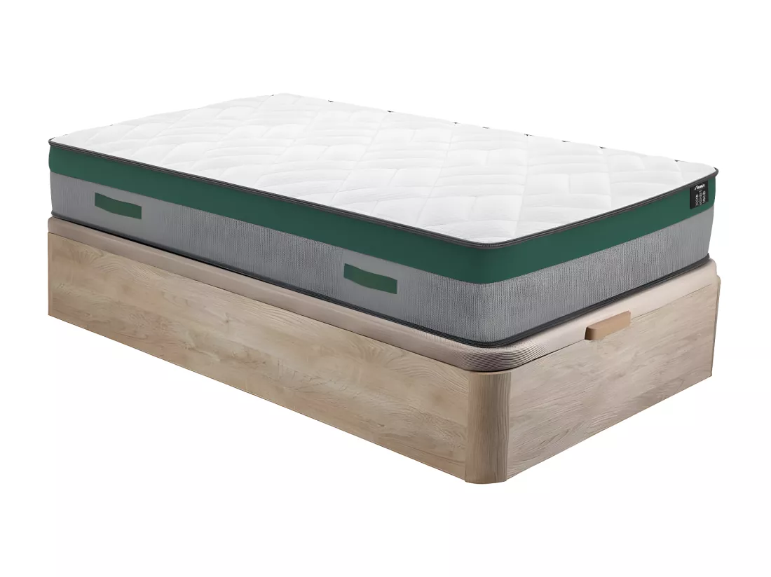 Ensemble 90 x 200 cm sommier coffre naturel clair + matelas ressorts ensachés ép.22cm - PRESTIGE de YSMÉE