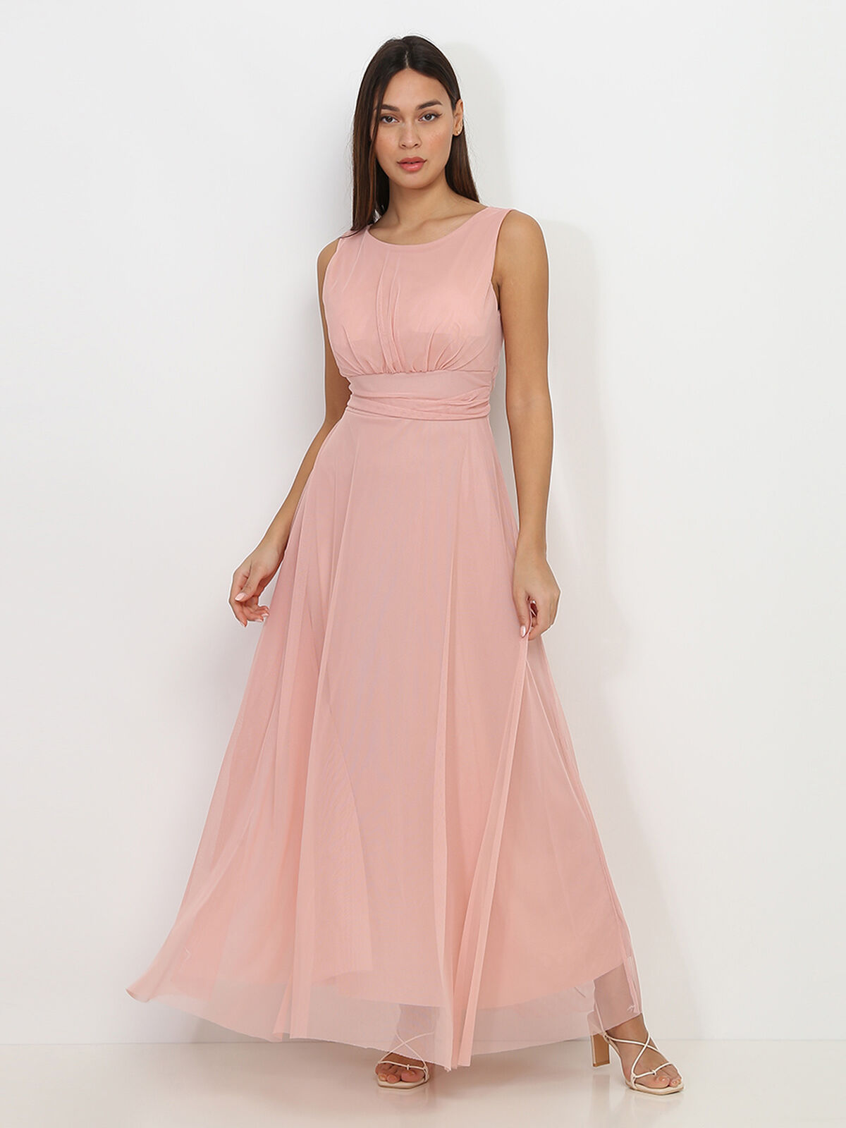 Robe longue en tulle ceinturée- Rose