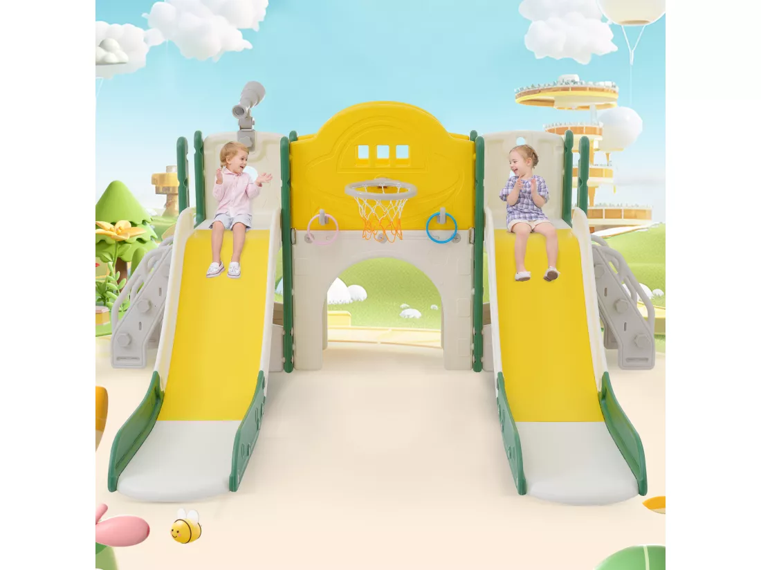 Toboggans double 8 en 1 pour enfants - 200 x 165 x 95cm - en HDPE - avec espace de rangement et panier de basket - vert