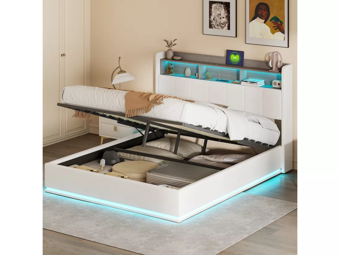 Lit coffre double 160 x 200 cm, tête de lit avec rangements et bande lumineuse LED, chargement USB, velours blanc, sommier à lattes, structure en métal, lit tapissé hydraulique - Blanc