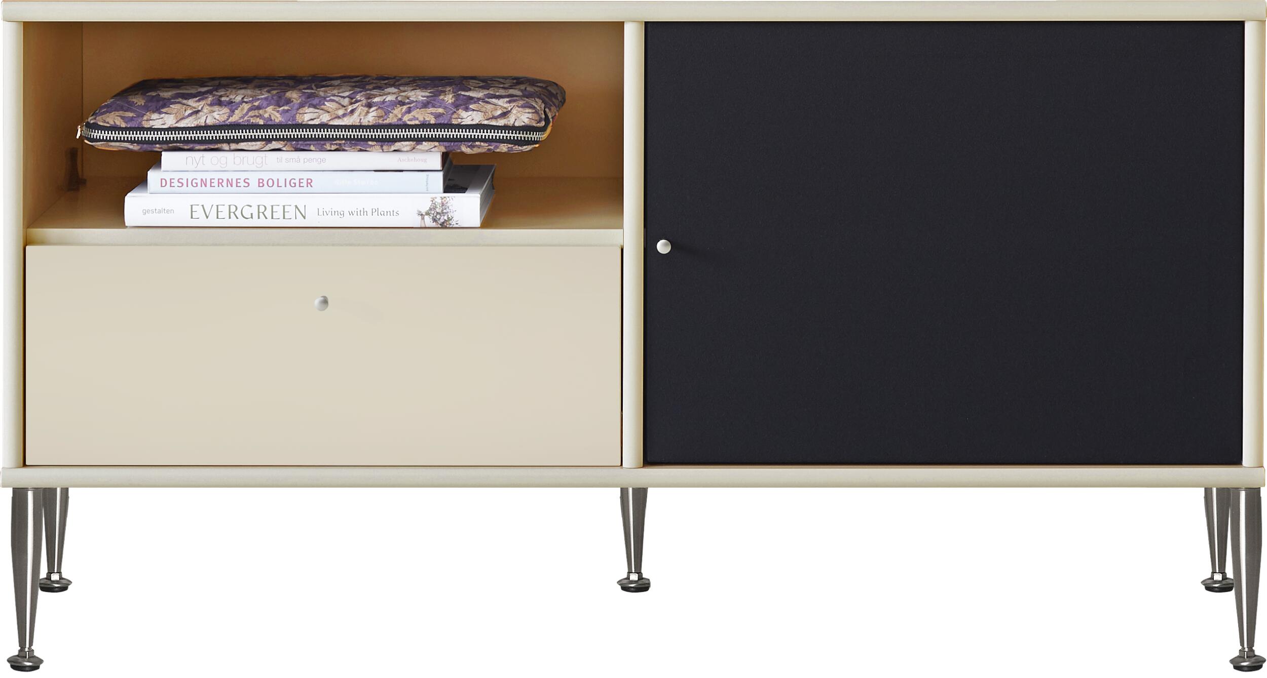 Mistral AV TV møbel m. 1 skuffe og 2 hylder beige   1 låge sort   ben i børstet stål