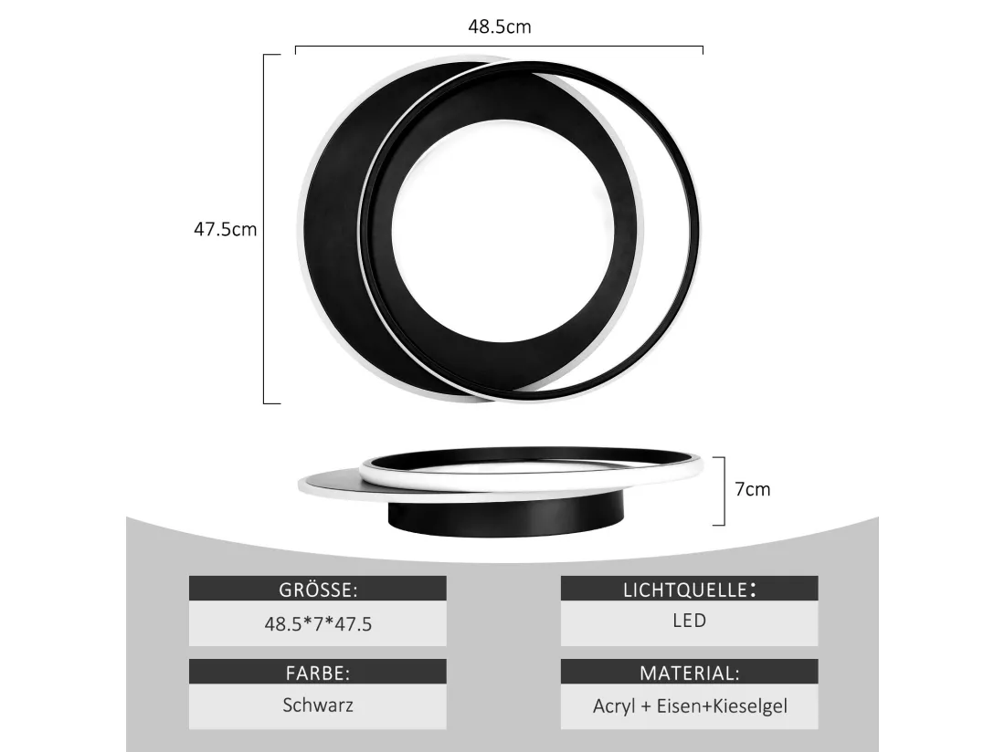 NETTLIFE Plafonnier LED Rond 66W Moderne 48,5 cm Chambre Noir Dimmable avec Télécommande Salon pour Cuisine Couloir Bureau